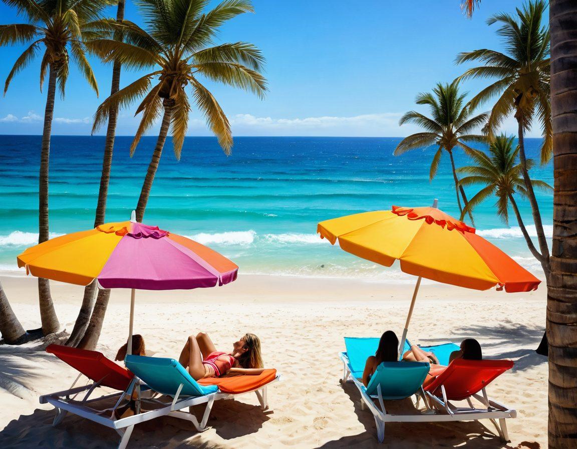 A vibrant summer beach scene featuring models wearing the latest bikini styles and beachwear, surrounded by colorful umbrellas and sun loungers. Incorporate playful beach activities, like beach volleyball and surfing, with palm trees swaying in the background. The scene should evoke a sense of warmth and fun, with splashes of bright colors and the glistening ocean in the distance. super-realistic. vibrant colors. beach vibes.