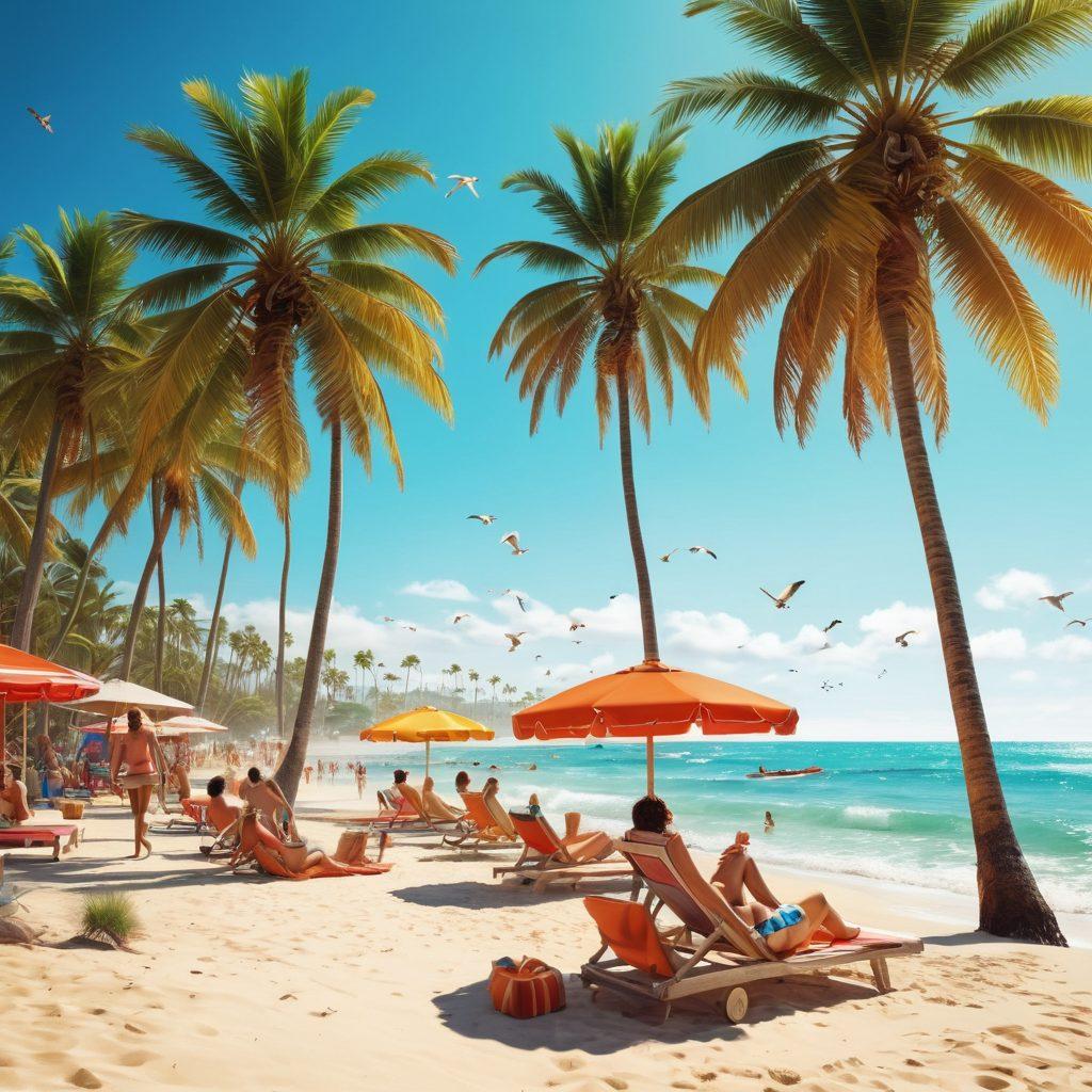 A lively beach scene showcasing a diverse group of people enjoying summer activities like sunbathing and surfing. Vibrant swimwear styles in various colors and patterns, blending with sunlight reflecting off the waves. Include palm trees swaying in the background and seagulls flying overhead to enhance the summer vibe. Captured in a bright, cheerful atmosphere to evoke the joys of summer. super-realistic. vibrant colors. 3D.