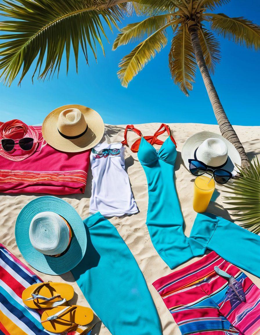 A vibrant beach scene featuring stylish beachwear and swimwear elegantly displayed on mannequins. Sunlight sparkles on clear turquoise waters, with palm trees and colorful beach towels in the background. Include accessories like wide-brimmed hats, sunglasses, and flip-flops to evoke a lively summer vibe. Capture the essence of different beach occasions like sunbathing, surfing, and beach parties. bright colors. tropical paradise. super-realistic.